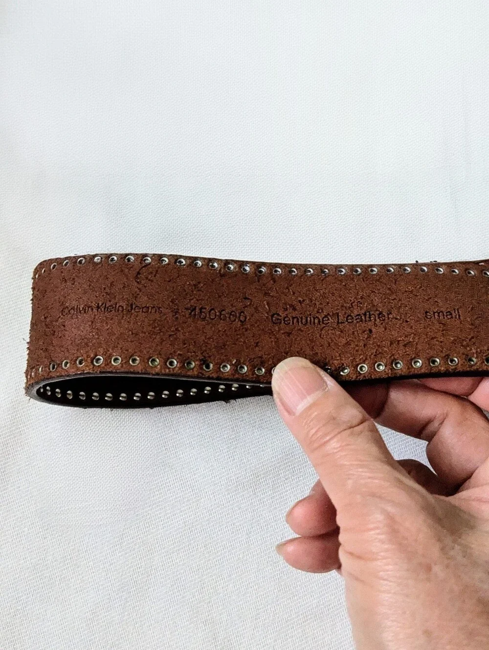 Calvin Klein Jeans Brown Genuine Leather Studded Wide Belt Curved Silver Buckle